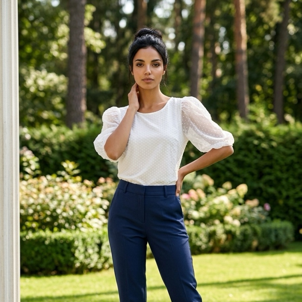 W5 White Textured Puff Sleeve Blouse